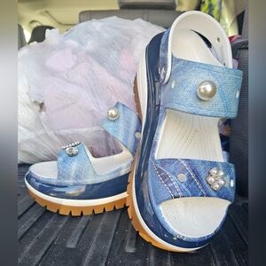 CROCS Blue Denim Sandals with Pearl Details